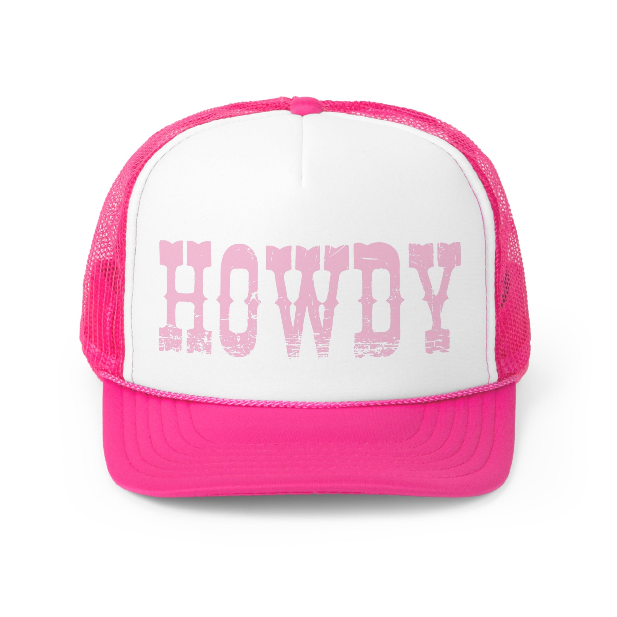 Howdy Trucker Hat from the Rodeo Collection featuring a humorous design, durable polyester front, and breathable nylon mesh back.